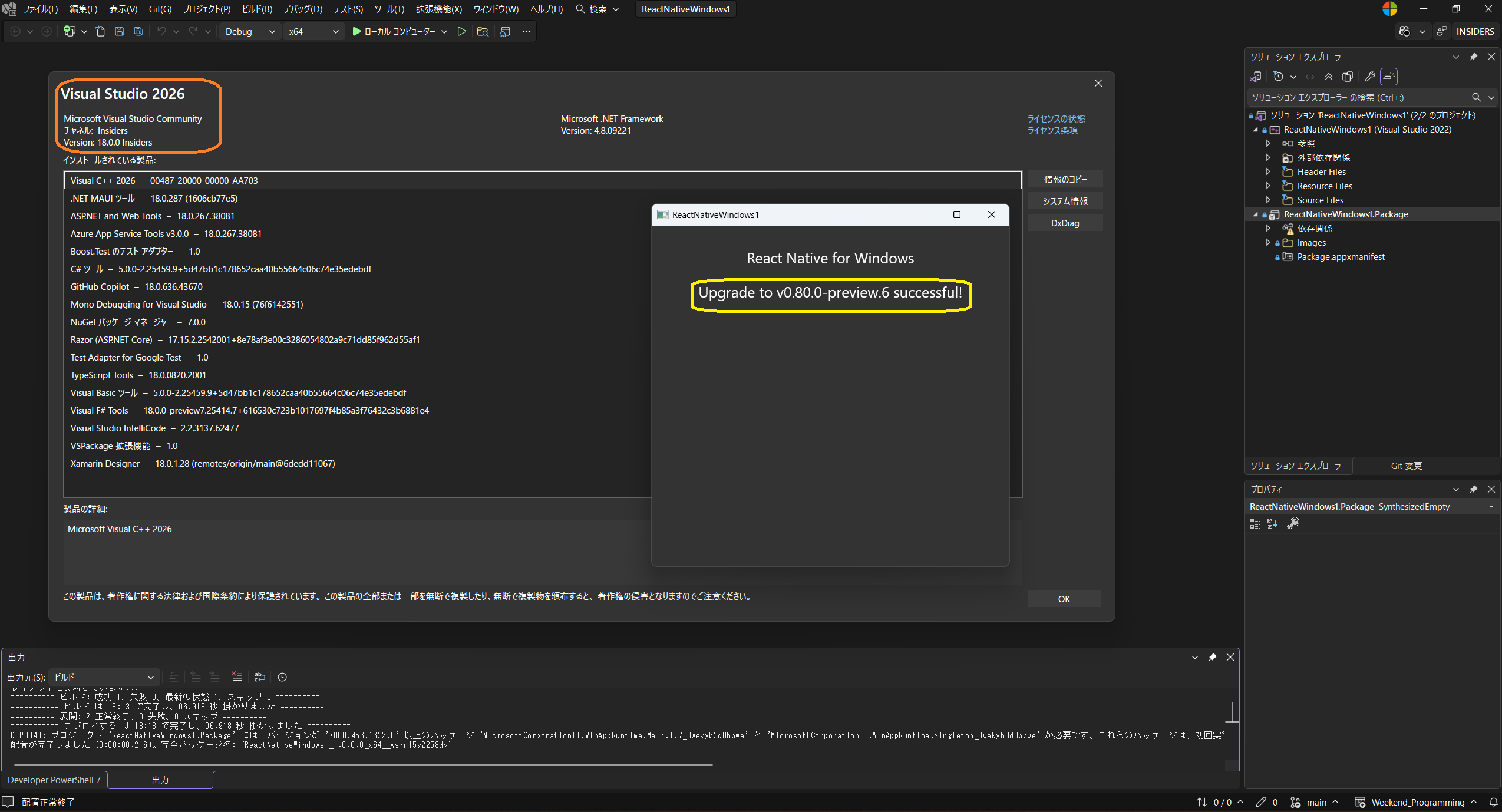 React Native Windows 0.80.0-preview.6 with VS2026